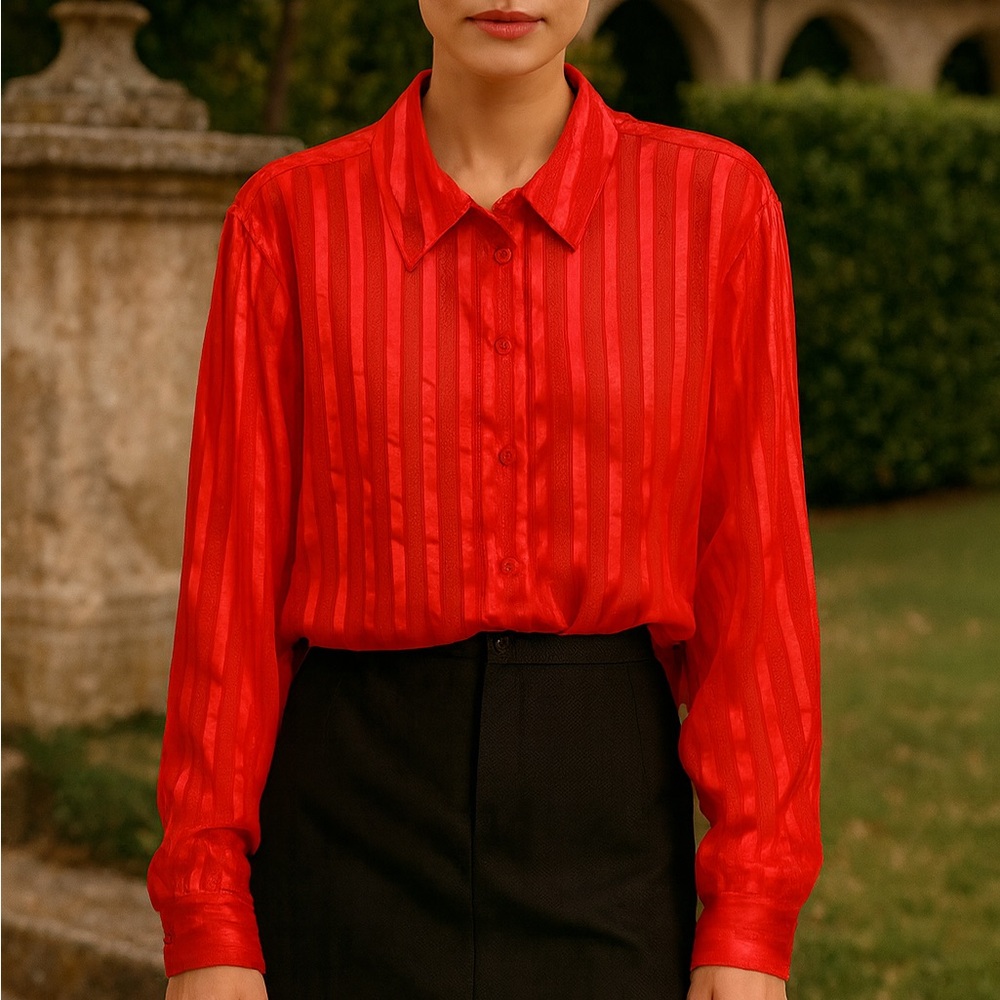 Joanna Radiant Red Striped Blouse SZ Large‎ Chic Holidays Glam Career